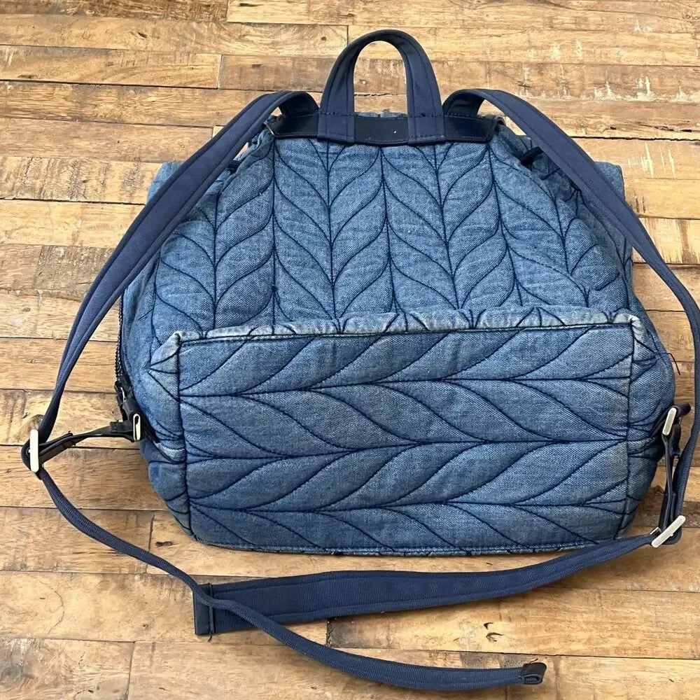 Kate Spade Ellie Large Flap Drawstring Backpack 13.5 in Tall Quilted Denim